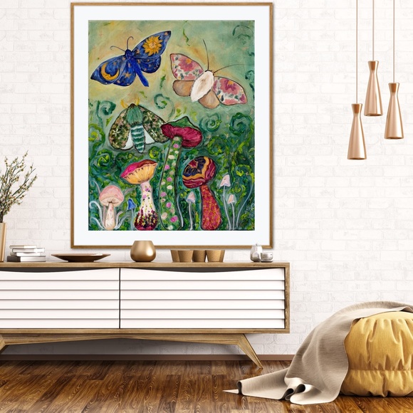 Gypsy Moths Mushrooms Art Print Oil Painting Colorful Whimsical fantasy nature - Picture 5 of 7
